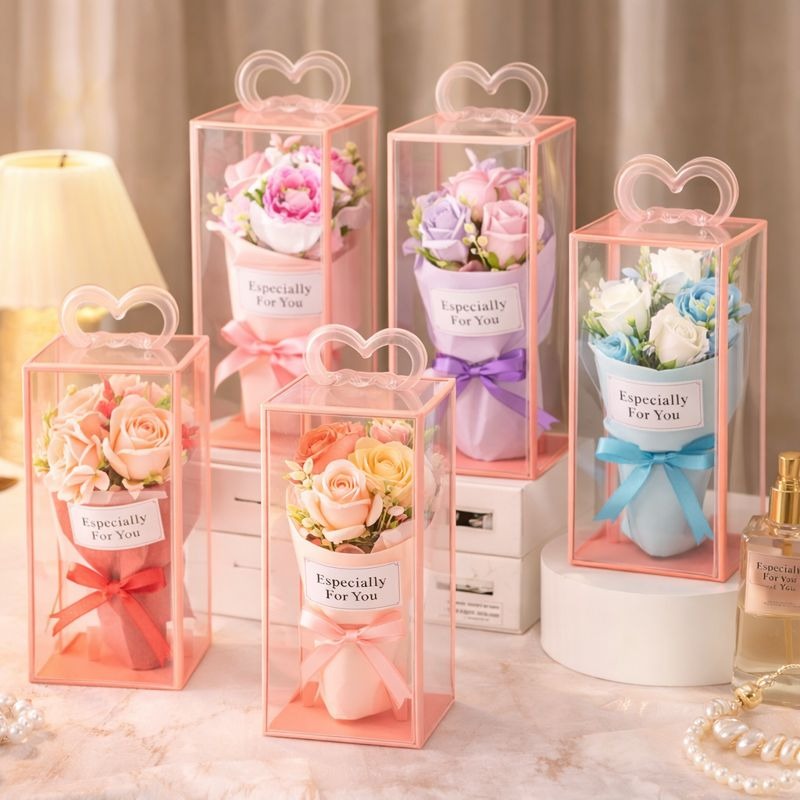 Handcrafted Eternal Soap Rose Bouquet - Heart-Handle Transparent Gift Box - Trenducts.pk