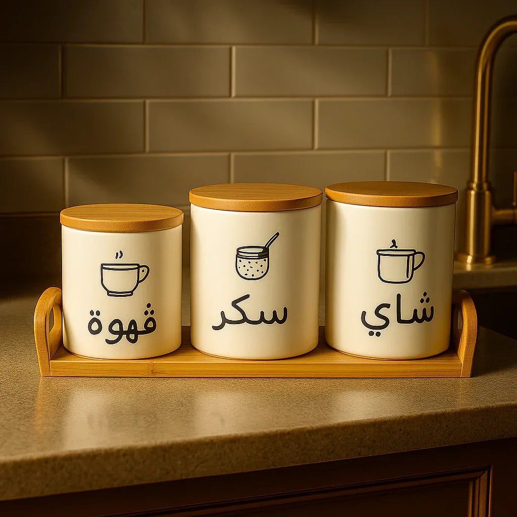 Arabic Labeled Tea, Sugar & Coffee Storage Jar Set - Clarify.pk