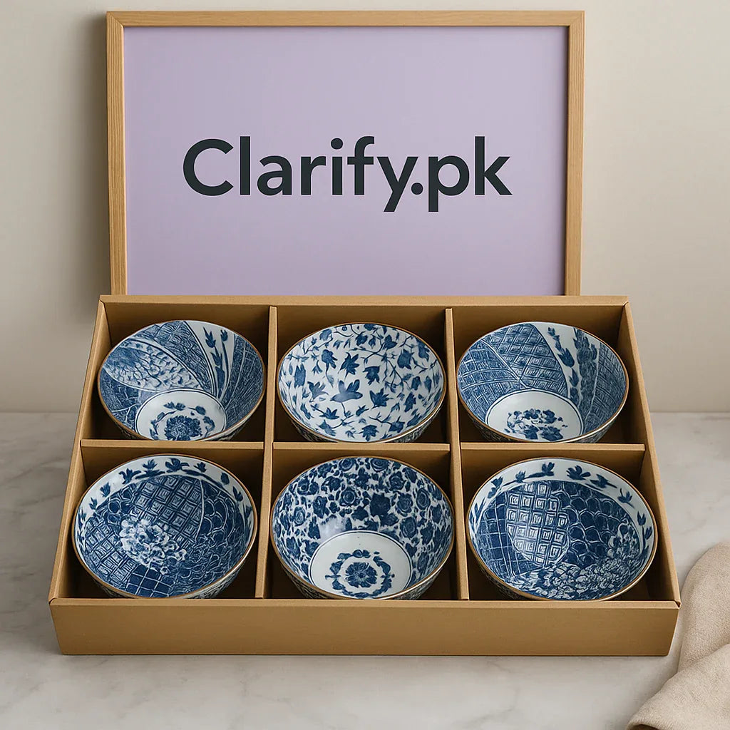 6-Piece Ceramic Bowl Set – Royal Blue Vintage Pattern Collection - Clarify.pk
