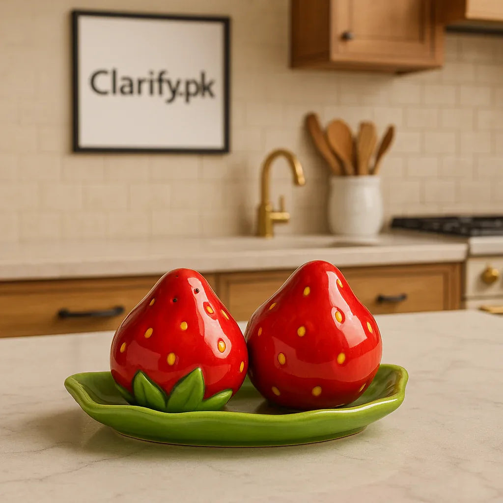 Strawberry Shape Ceramic Salt & Pepper Shakers with Tray – Cute Kitchen Table Set - Clarify.pk