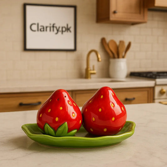 Strawberry Shape Ceramic Salt & Pepper Shakers with Tray – Cute Kitchen Table Set - Clarify.pk
