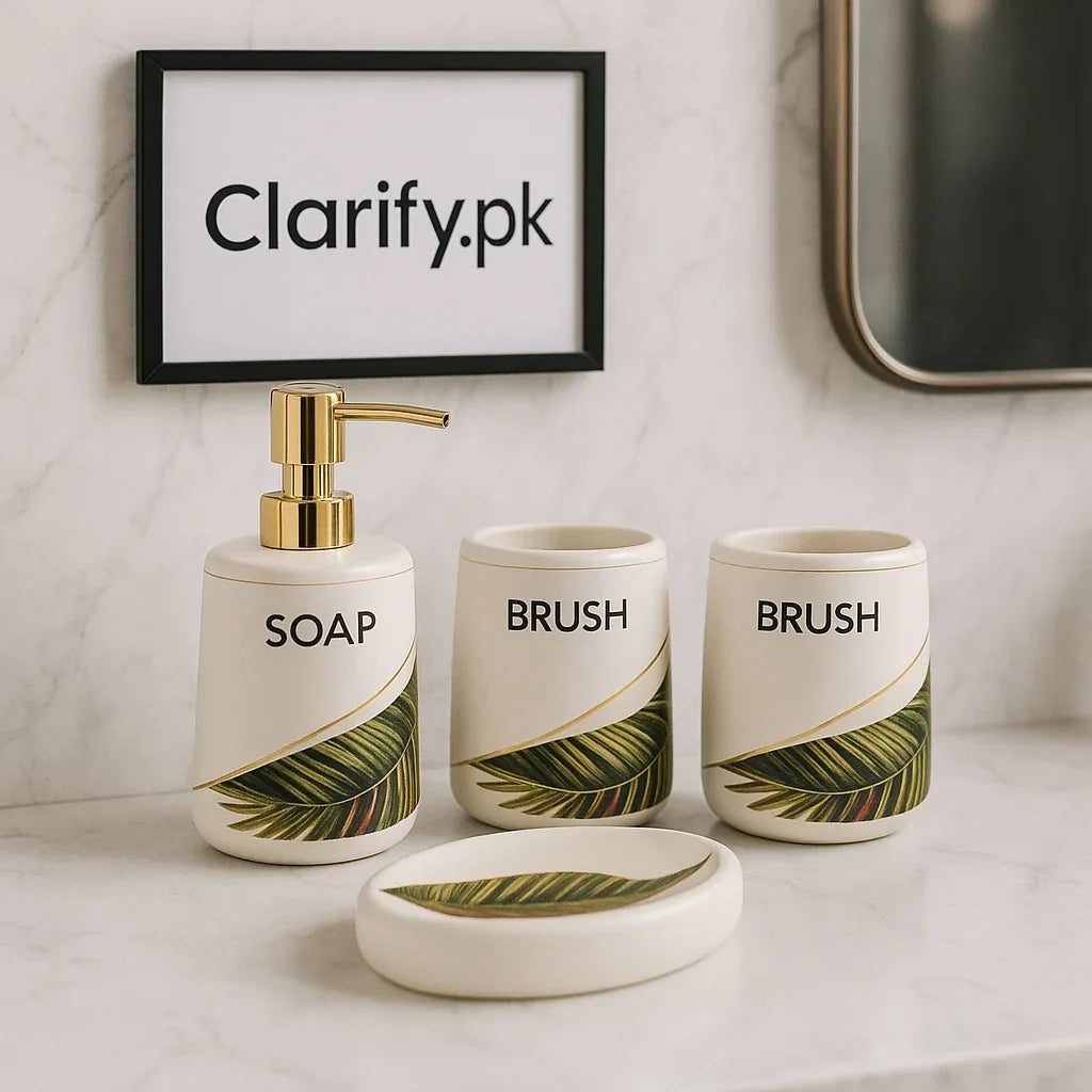 4-Piece Luxury Bathroom Set – Palm Leaf Design with Gold Detailing - Clarify.pk