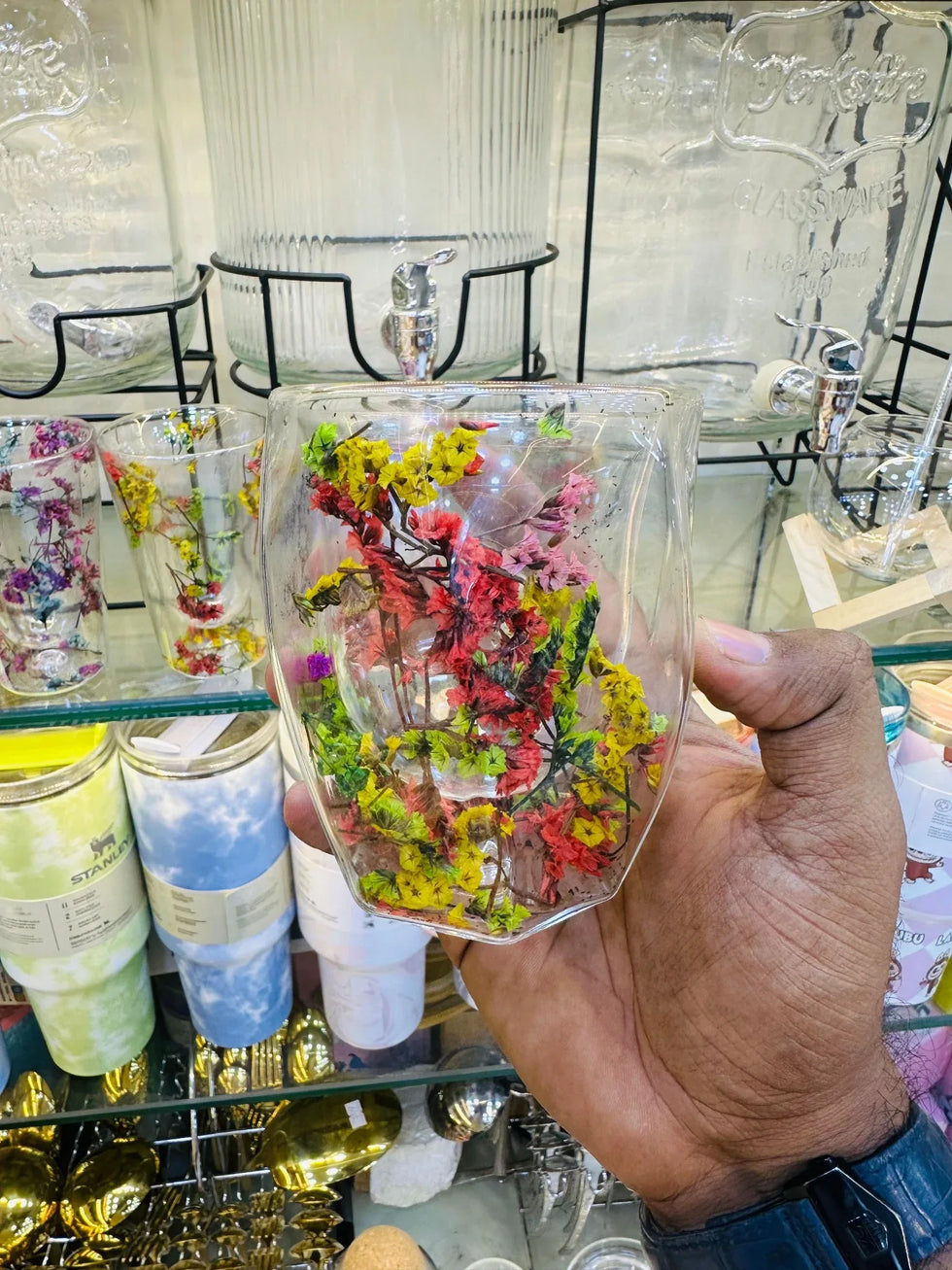 Luxury Dual-Color Floral Glass Cup – Double Wall Insulated Design - Clarify.pk