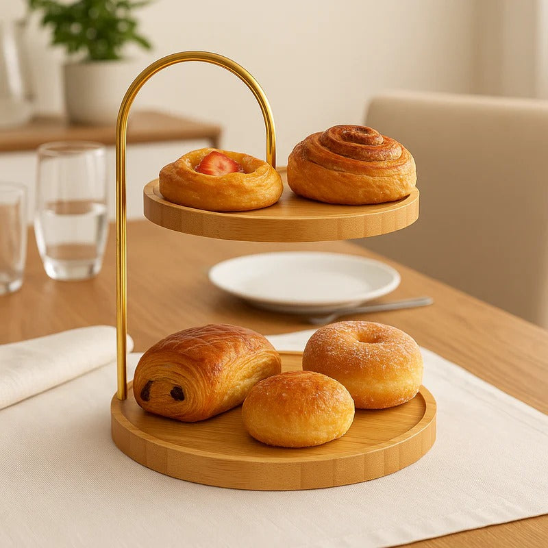 Luxury 2-Tier Bamboo Serving Stand with Gold Metal Handle