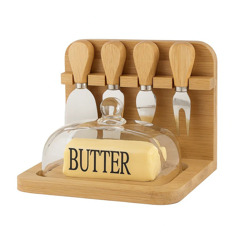 Butter Dish and Cheese Knife Set – Bamboo & Glass Serving Station