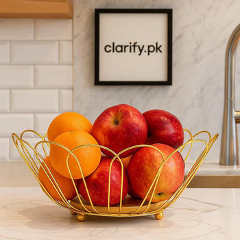 Luxury Golden Wire Fruit Basket with Wooden Base – Decorative Storage Bowl - Clarify.pk