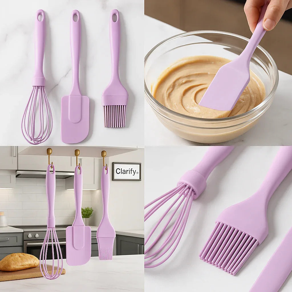 3 Pcs Silicone Kitchen Utensil Set – Whisk, Spatula & Brush - Clarify.pk
