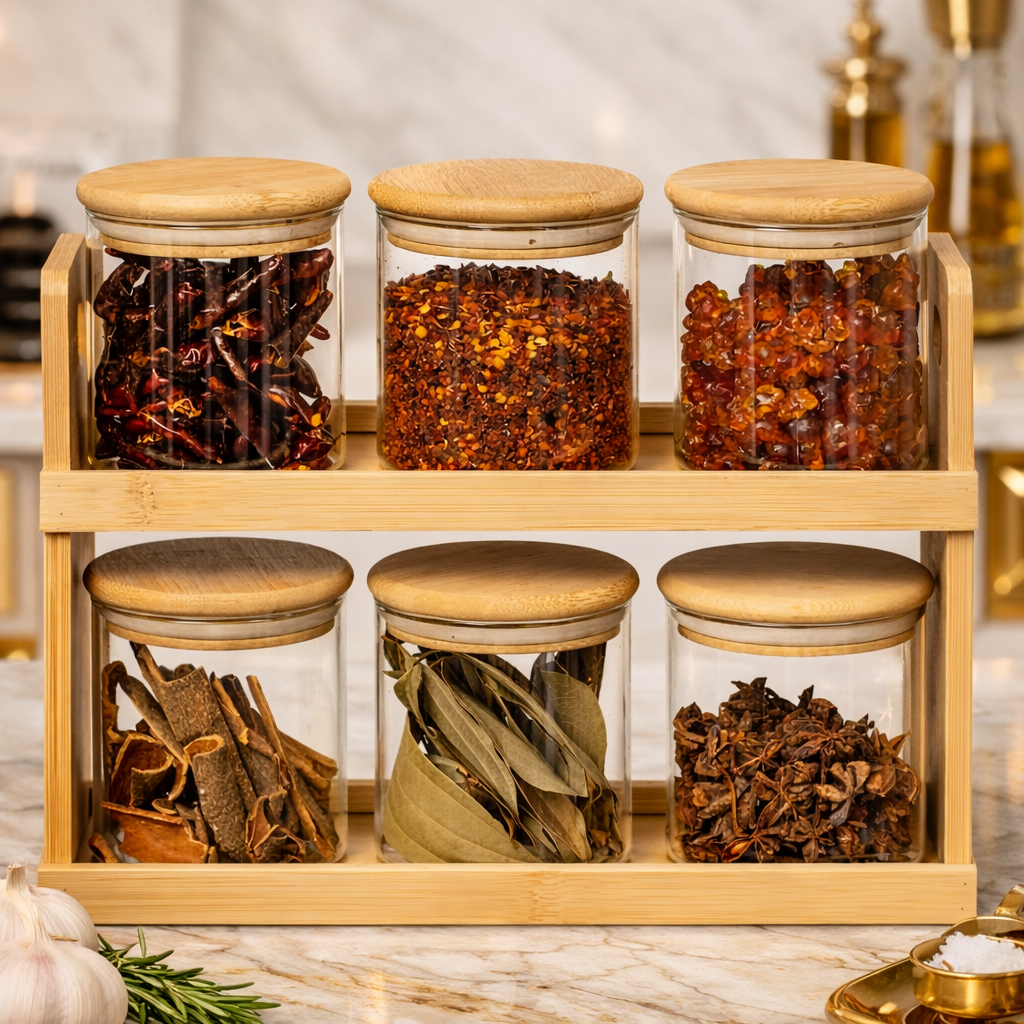Premium 6pcs Glass Spice Jar Set with Bamboo Stand HAT
