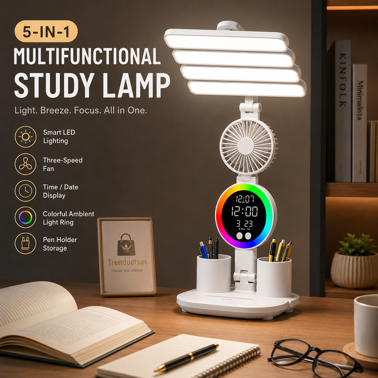 5-in-1 LED Fan Desk Lamp with Phone Holder - Rechargeable