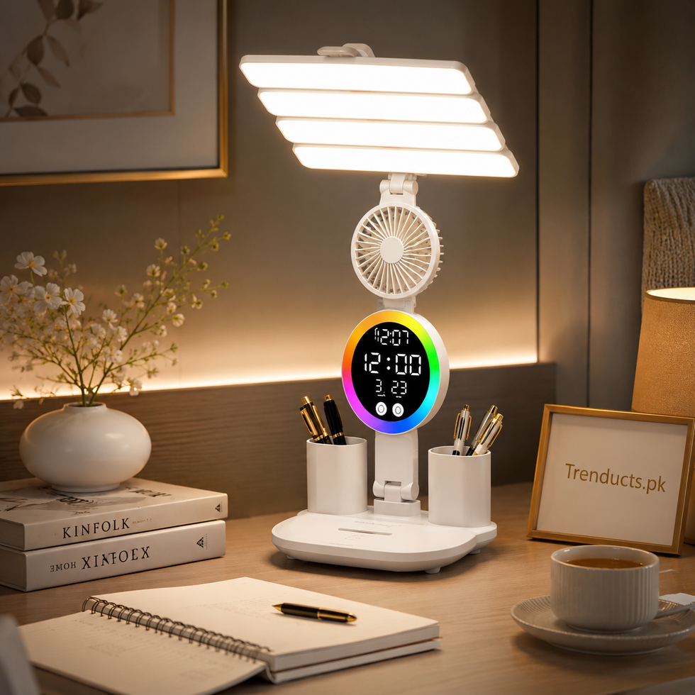 5-in-1 LED Fan Desk Lamp with Phone Holder - Rechargeable