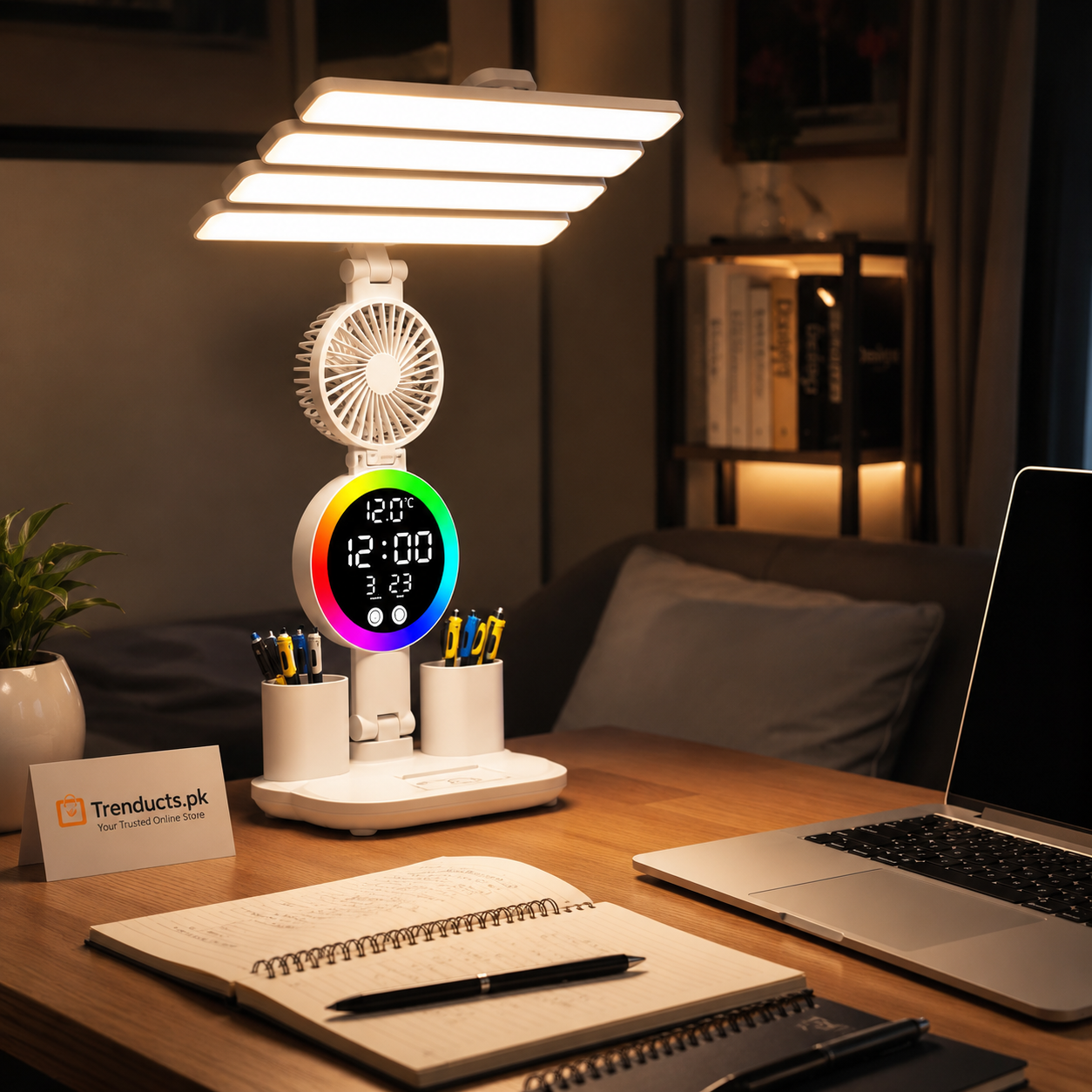 5-in-1 LED Fan Desk Lamp with Phone Holder - Rechargeable