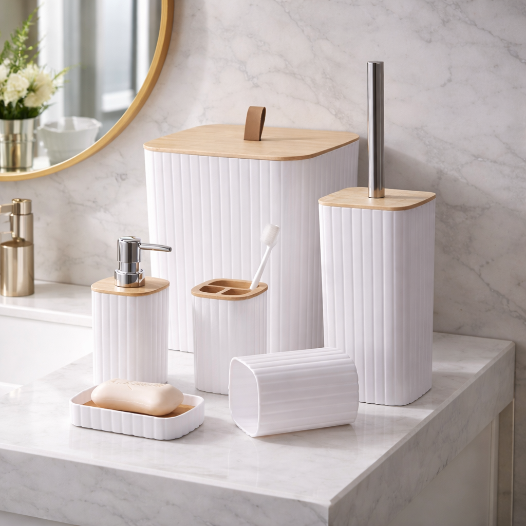 6-Piece Modern Bathroom Set – ABS with Natural Wood Accents GL