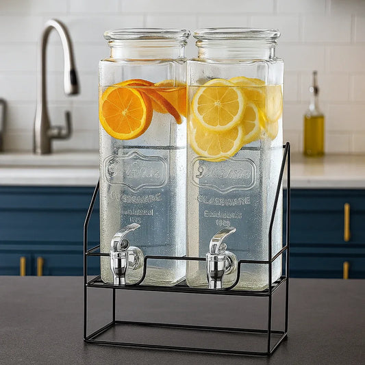 Elegant Glass Drink Dispenser Set – Twin Jars with Sturdy Metal Stand - Clarify.pk