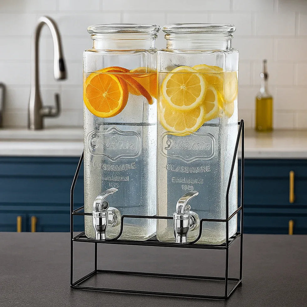 Elegant Glass Drink Dispenser Set – Twin Jars with Sturdy Metal Stand - Clarify.pk
