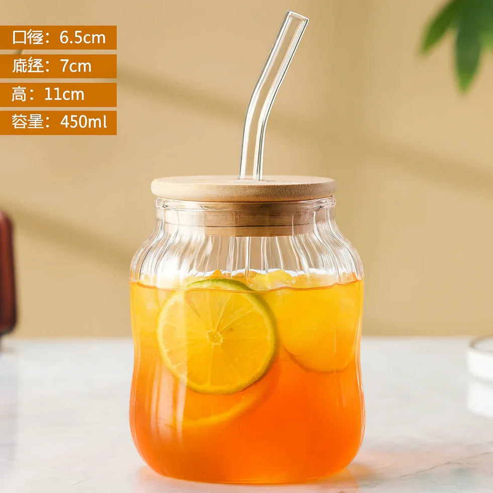گلاس جار ٹمبلر - بانس کے ڈھکن اور دوبارہ قابل استعمال بھوسے کے ساتھ 450ml