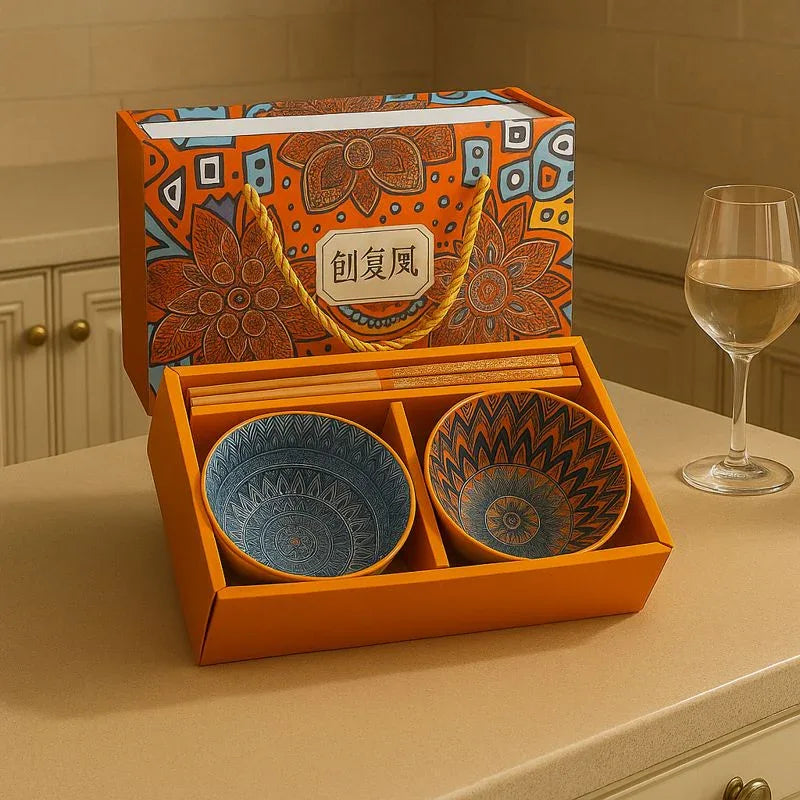 Japanese Ceramic Bowl Set of 2 with Chopsticks – Mandala Print - Clarify.pk