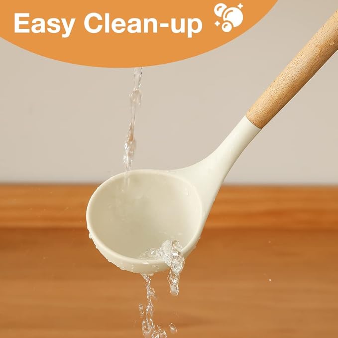 Silicone Spoon with Wooden Handle - Heat-Resistant Cooking Ladle