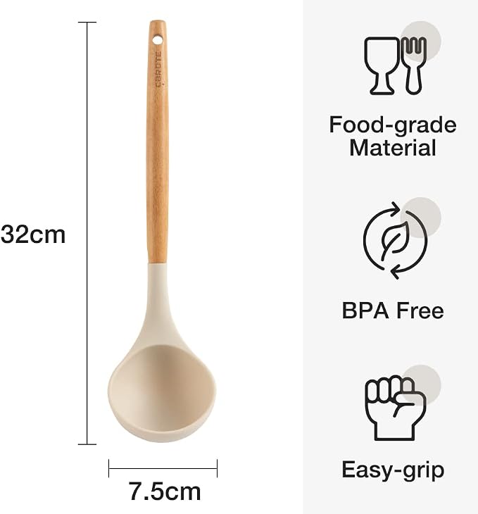 Silicone Spoon with Wooden Handle - Heat-Resistant Cooking Ladle