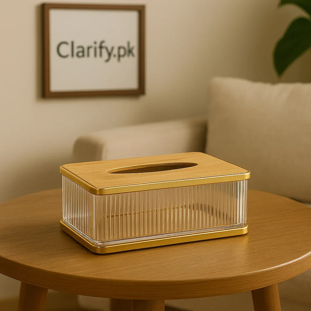 Modern Acrylic Tissue Holder with Wooden Lid - Clarify.pk