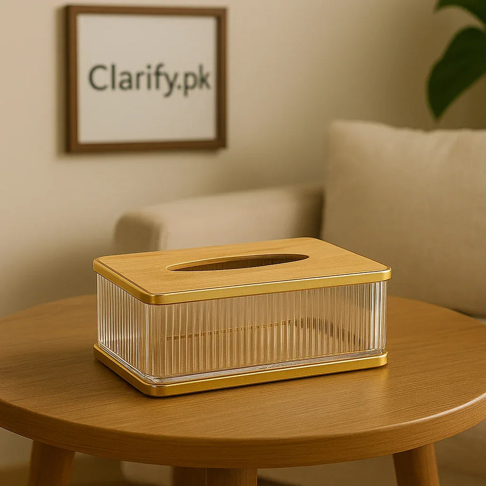 Modern Acrylic Tissue Holder with Wooden Lid - Clarify.pk