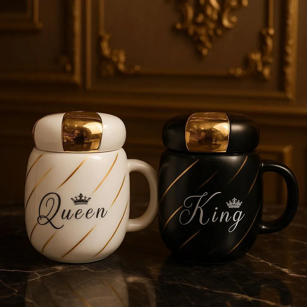 King & Queen Ceramic Mug Set – Couple Cups with Lids - Clarify.pk