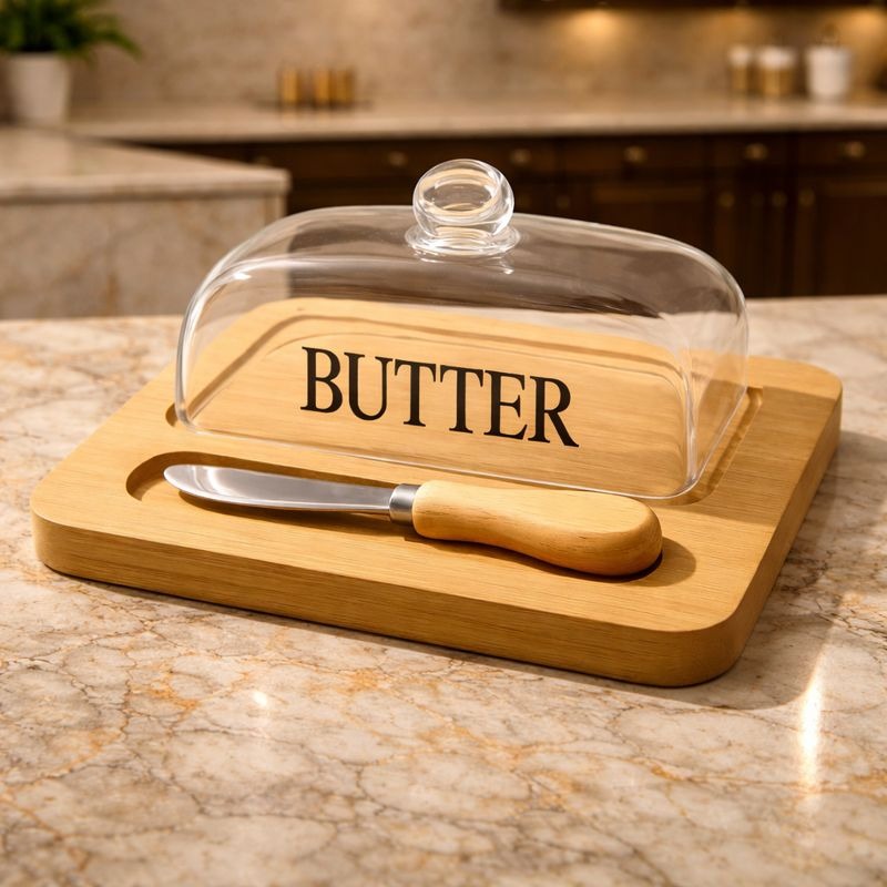 Elegant Glass Butter Dish with Bamboo Base & Knife