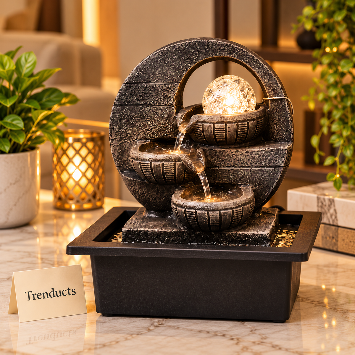 Circular Arch Bronze Tabletop Fountain with LED Crystal Ball – 3-Tier Indoor Water Feature