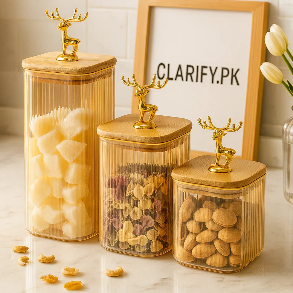 3-Piece Glass Jar Set with Wooden Stand – Elegant Kitchen Storage - Clarify.pk
