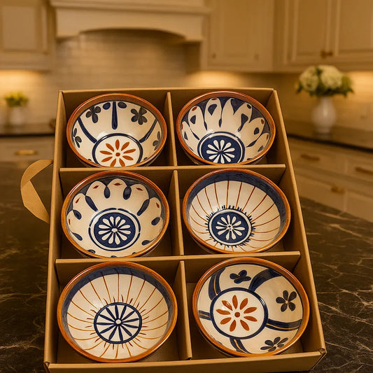 Premium 6 Pcs Ceramic Bowl Set – Blue & Terracotta Art Design - Clarify.pk