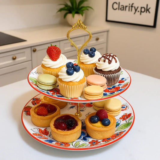 Luxury 2-Tier Ceramic Stand – Red & Blue Floral Design - Clarify.pk