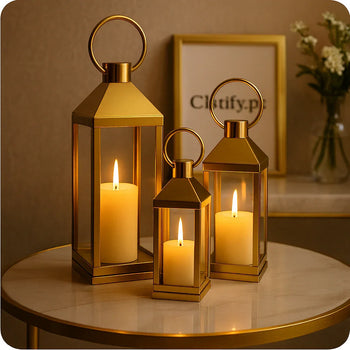 Gold Candle Lantern Set – Luxury Decorative Lighting (3 Pieces Set) - Clarify.pk