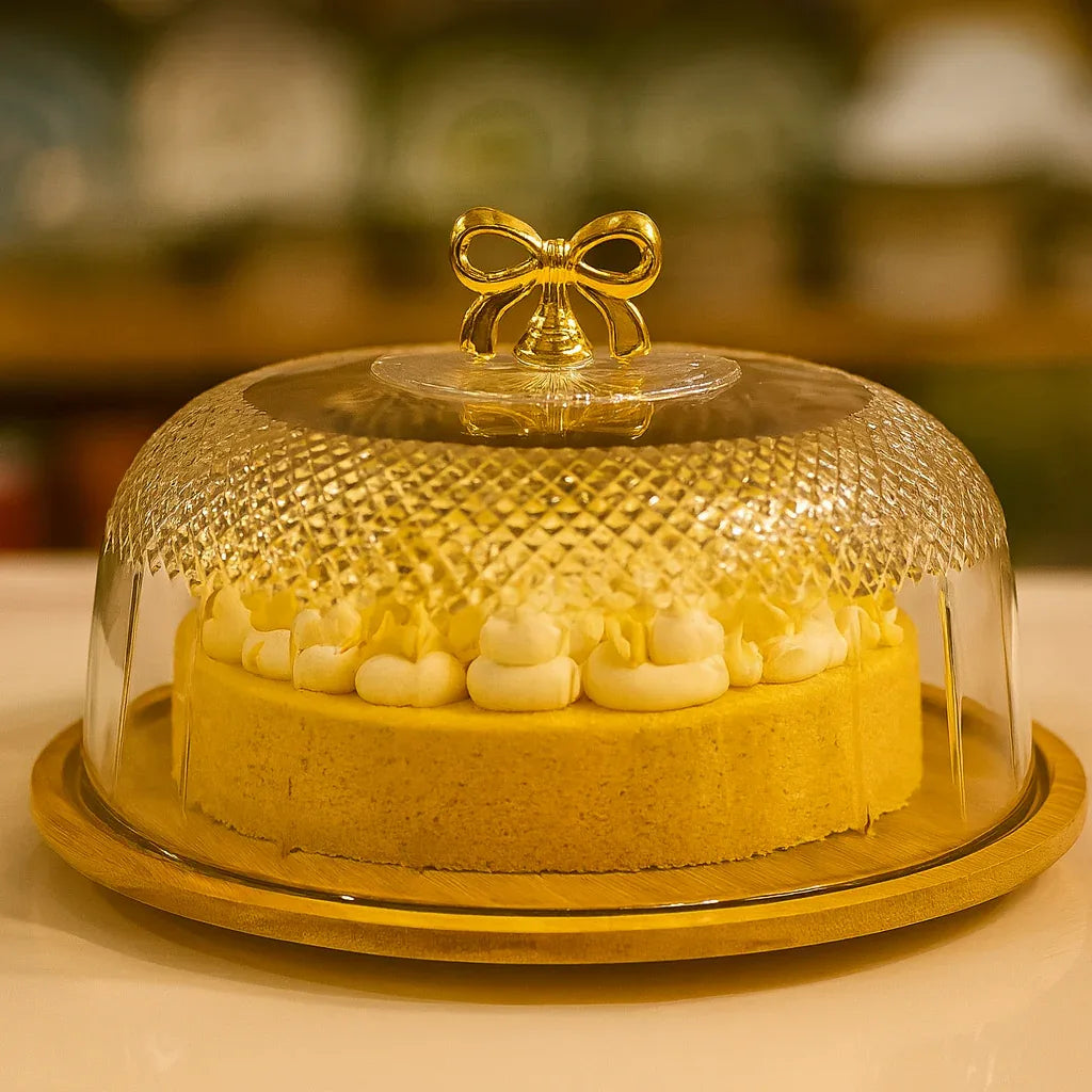 Cake Dish with Acrylic Cover – Bamboo Wooden Base - Clarify.pk