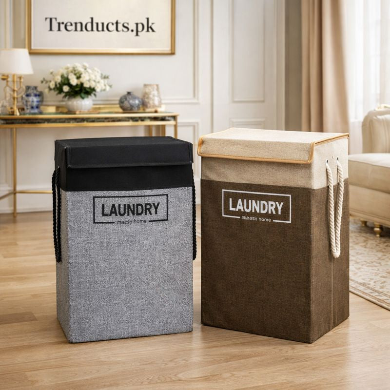 Durable hard-sided laundry baskets in grey and brown with "Laundry sweet home" print and rope handles
