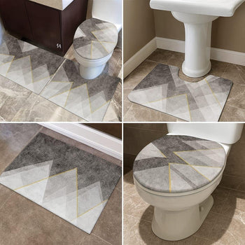 3-Piece Bathroom Mat Set – Grey Geometric Print Absorbent Non-Slip Rugs with Toilet Lid Cover - Clarify.pk