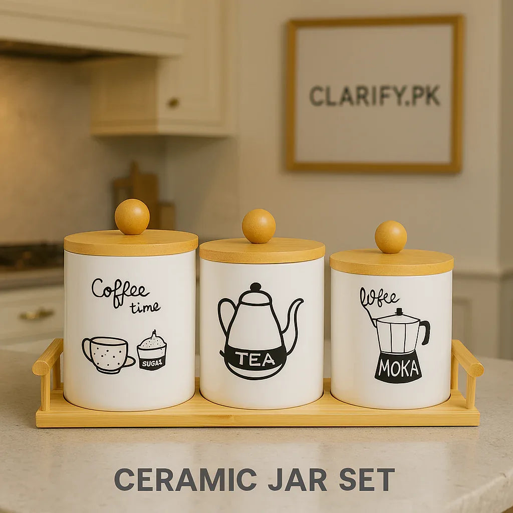 Luxury 3 Pcs Ceramic Storage Jar Set – Airtight Bamboo Lid Containers - Clarify.pk