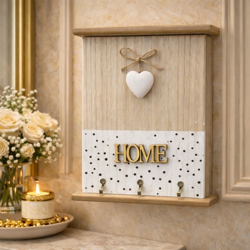 decorative wooden wall key box with home sign and hooks