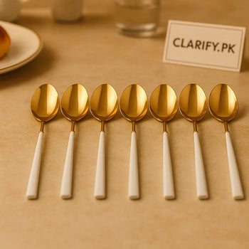 6-Piece Gold Dessert Spoon Collection – White Handle Elegant Cutlery - Clarify.pk
