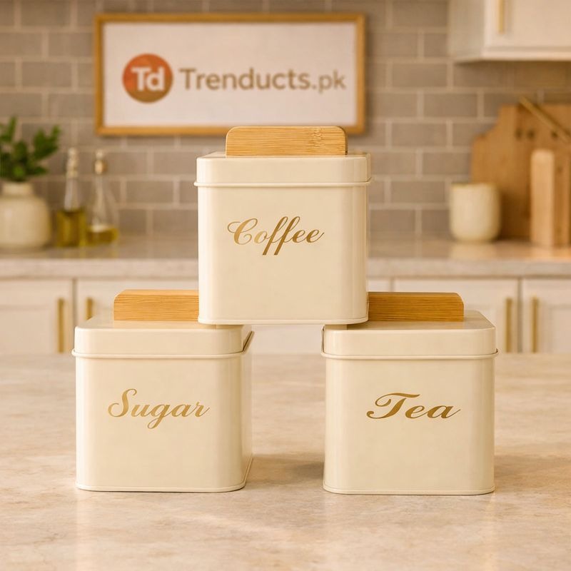 Luxury 3-Piece Square Metal Canister Set – Minimalist White & Bamboo MJ