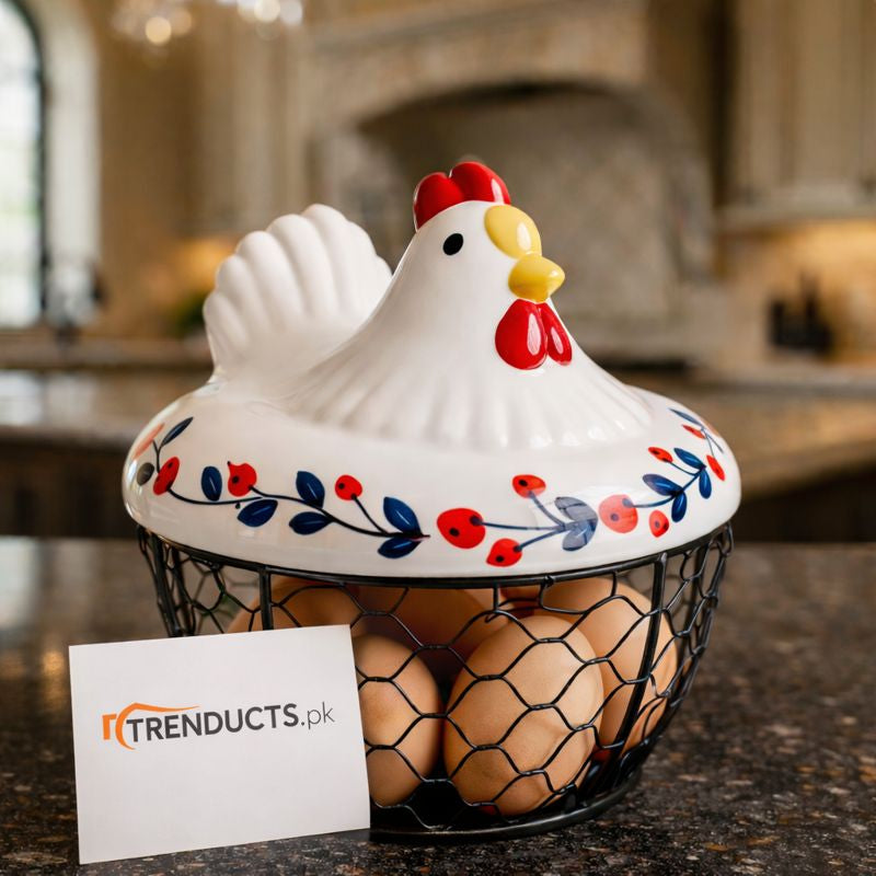 Ceramic Chicken Egg Basket & Wire Mesh Storage NC