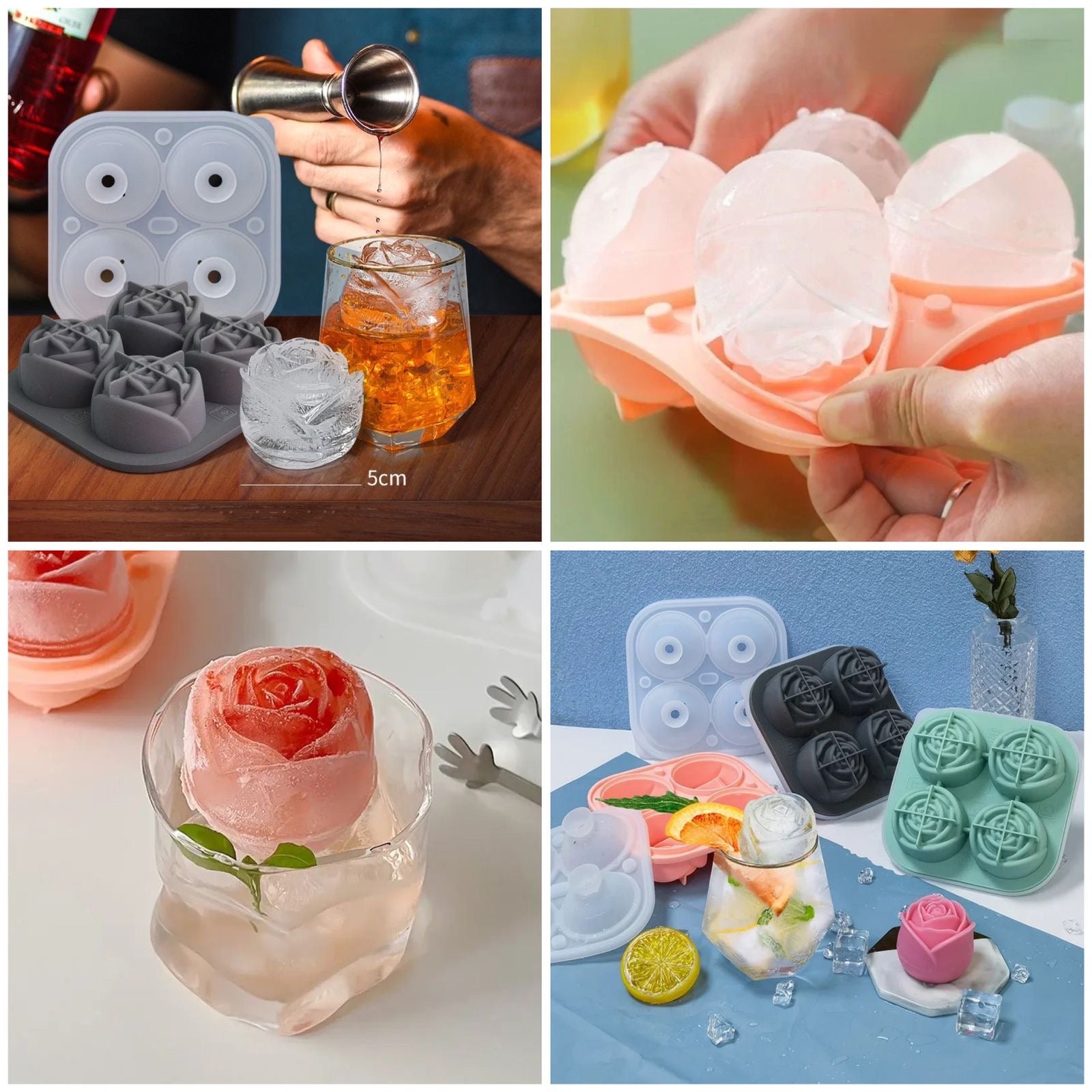 Silicone Rose Ice Mold - Flower Shaped Ice Cube Maker & Large Ice Ball Mold for Drinks