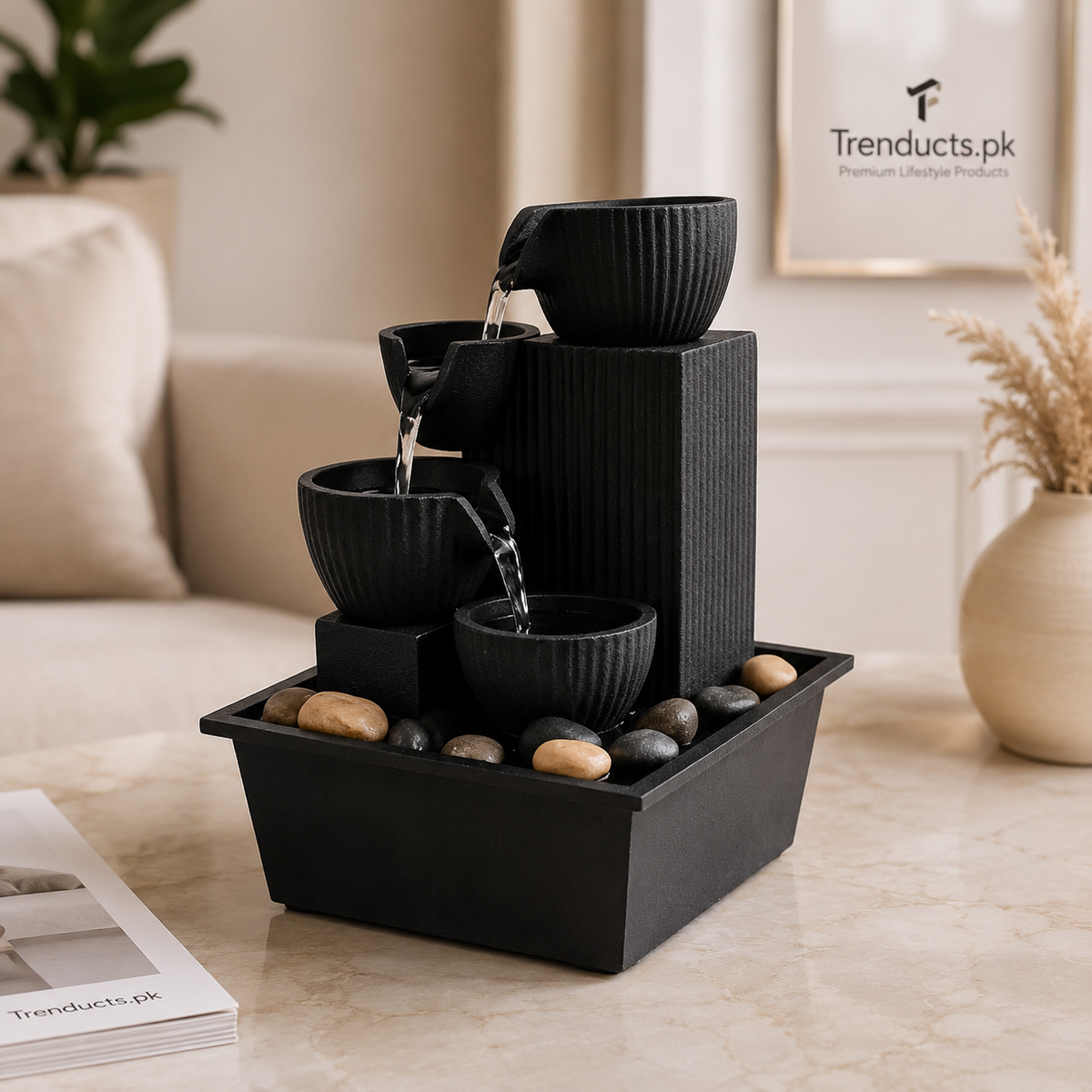 Mini Black Pot Fountain – Electric Indoor Waterfall with LED Light