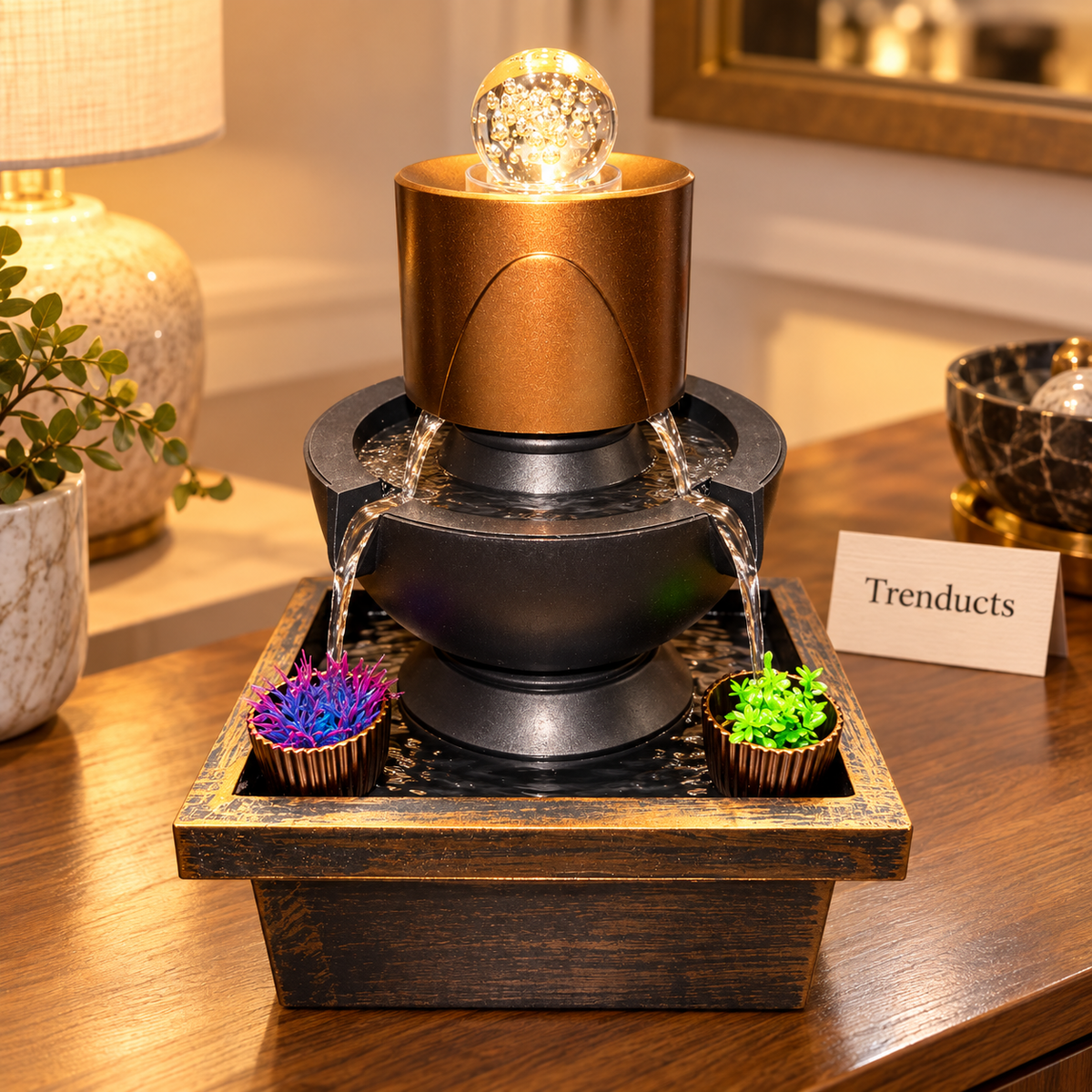 Gold Crystal Ball Tabletop Fountain with Spinning Ball & LED – Luxury Indoor Water Feature