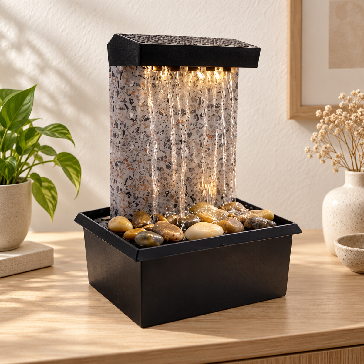 Indoor Rain Curtain Tabletop Fountain with LED Light & Pebbles – Mini Water Feature