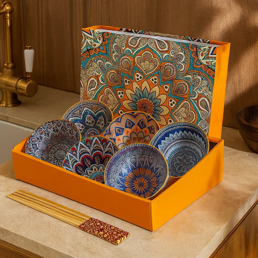 Japanese Ceramic Bowl Set of 6 with Chopsticks – Mandala Print - Clarify.pk