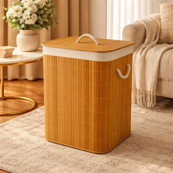 Luxury Bamboo Laundry Basket with Lid & Rope Handles - Clarify.pk