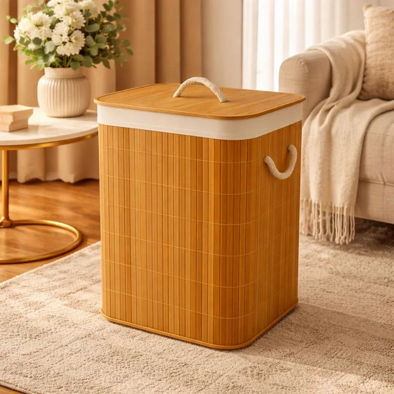 Luxury Bamboo Laundry Basket with Lid & Rope Handles - Clarify.pk
