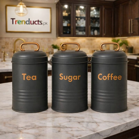 Vintage Metal Canister Set – 3-Piece Embossed Coffee, Tea, & Sugar Jars MJ
