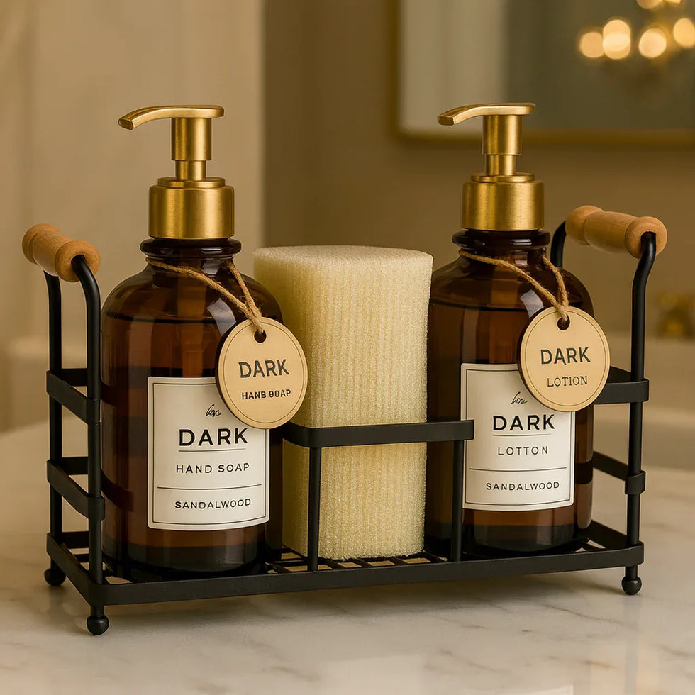 Amber Soap & Lotion Dispenser Set with Gold Caddy – Elegant Refillable Organizer