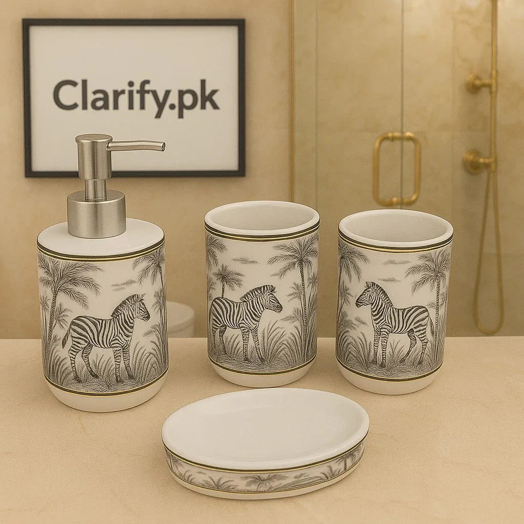4-Piece Luxury Bathroom Set – Printed Ceramic Design (Random Print) - Clarify.pk