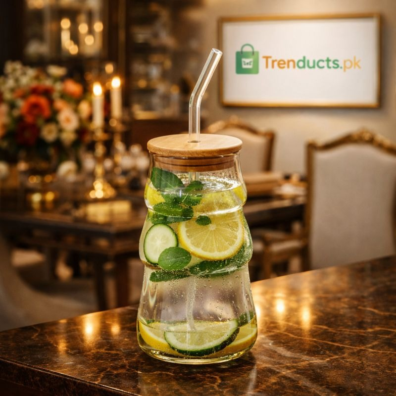 Nordic Style Stacked Glass Water Bottle with Bamboo Lid (450ml) IT